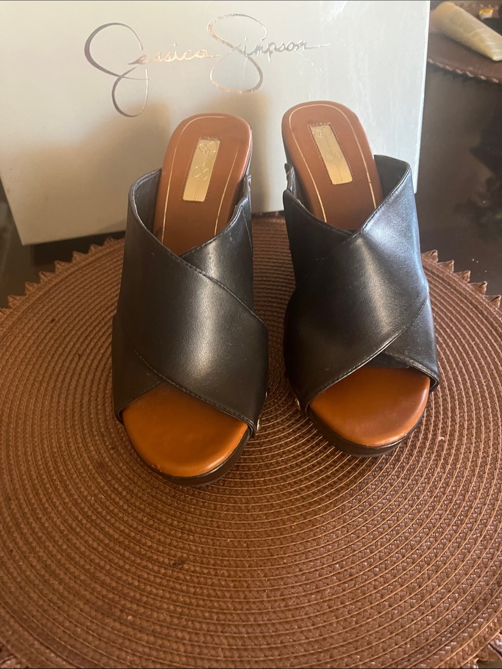 Jessica Simpson Black Leather Crossover Open-Toe Mules